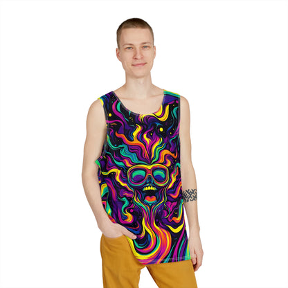 Angled view of a men's tank top featuring the Tastes Like Snozzberries design.