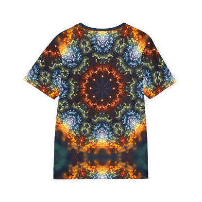 Close-up of the "Fractal Flower Mandala" print detail on the men's sport tee fabric.