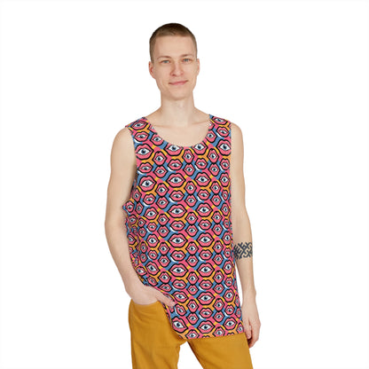 Close-up of the Eyeballs & Lips Pattern print detail on the men's tank top fabric.
