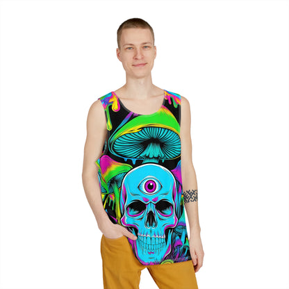 Angled view of a men's tank top featuring the Third Eye Skull design.
