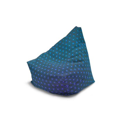 The Blue Flower of Life bean bag chair cover shown empty and unfilled, laid flat.