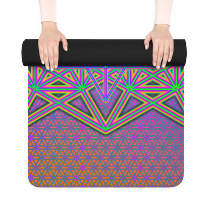 Flower of Tron yoga mat with an edge-to-edge neon flower print, suede top facing up.