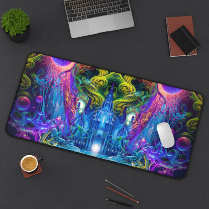 The Sacred Vine desk mat laid on a desk with a keyboard and mouse for scale