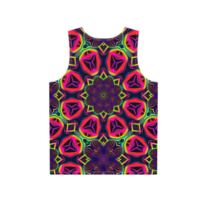 Close-up of the Psychedelic Tracers Mandala tank top print detail.