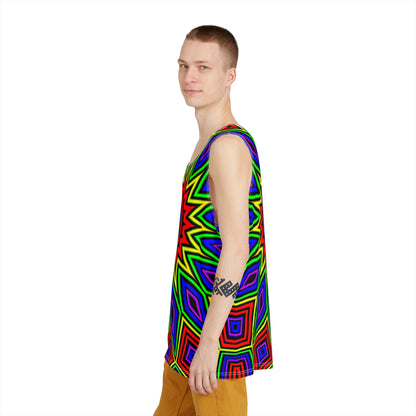 Another angle of the Step Right Up men's tank top highlighting the print colors.
