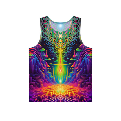 Close-up detail of the 'Maze of Life' psychedelic print on this men's tank top.