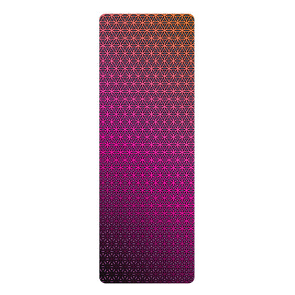 Pink Flower of Life yoga mat laid flat, showing the full sunset-to-purple gradient print
