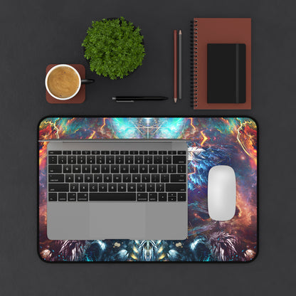 Soul Seeker desk mat under a laptop and coffee mug on a desk