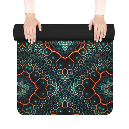 The 'Multiverse' yoga mat rolled up, showing a corner of the print against the black exterior.