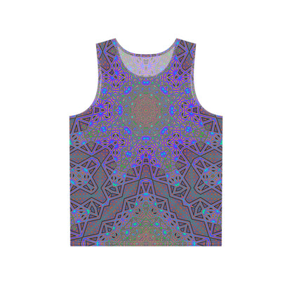 Chaos of Tron men's tank top, front flat lay showing the neon grid all-over print.