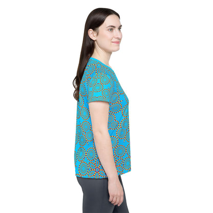 Women's sport tee in the Loco Motion design, worn by a model, back view.