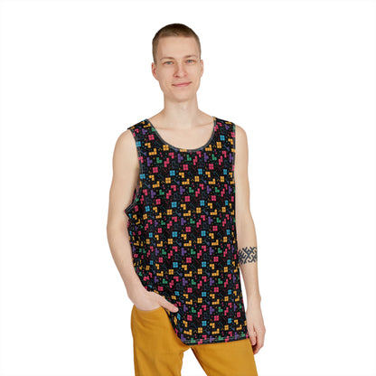 Close-up of the print detail on the Tetris Pattern men's tank top's lightweight fabric.