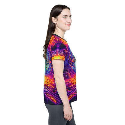 Folded view of the "Focused Thought" women's sport tee showing the printed design.