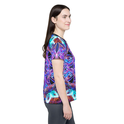 Folded view of the "Flower of Life Mandala" women's sport tee showing the printed design.