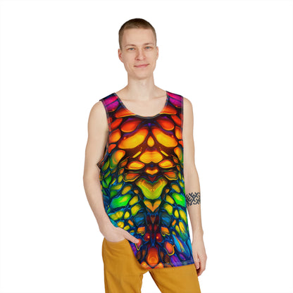 Angled view of the Scaled P2 men's tank top highlighting the print and cut.