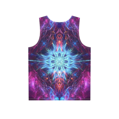Close-up of the Angelic Force print detail on the men's tank top fabric.