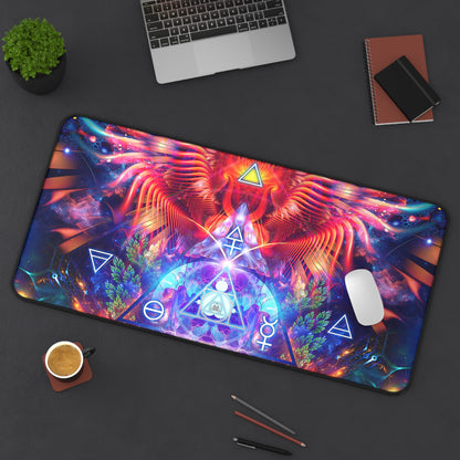Lapis Philosophorum desk mat laid on a desk with a keyboard and mouse for scale