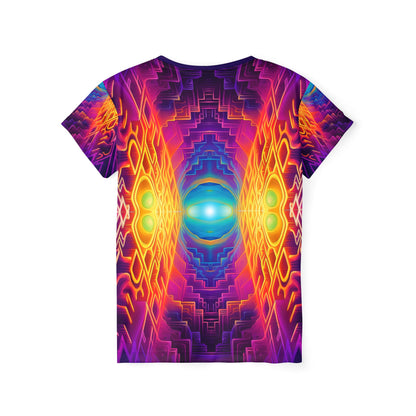Angled view of the Maze of Life V3 women's sport tee highlighting the print pattern.