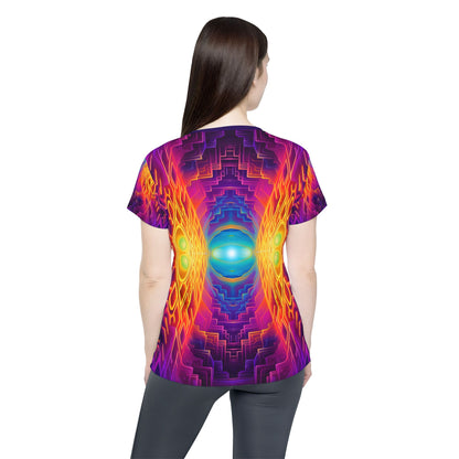 Overhead view of the Maze of Life V3 women's sport tee laid flat.