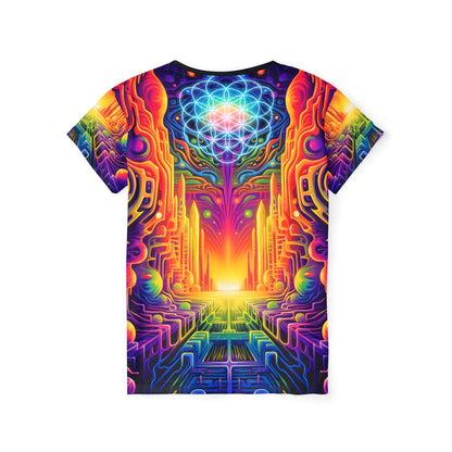 Women's sport tee in the DMTron psychedelic all-over print design, close-up of the print.
