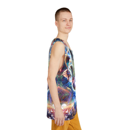 Corner detail of the psychedelic print on the 'Divine Protection' men's tank top.