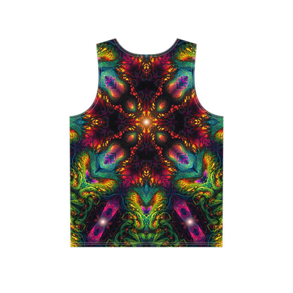 Back view of the Seed of Knowledge Mandala tank top with the print continuing across the fabric.