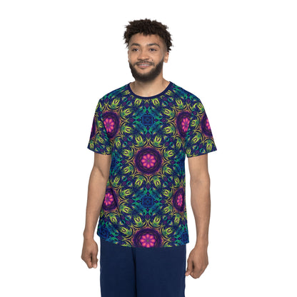 'Gatekeepers Pattern' sport tee for men, close-up of the print detail on the fabric.
