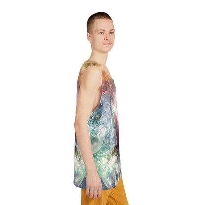 Side view of the Celestial Vibrations all-over print men's tank top.