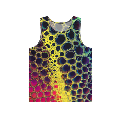 Front view of the Mitosis psychedelic art men's tank top on a model.
