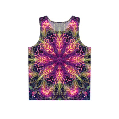 Flat lay of a men's tank top printed with the 'Gatekeepers Mandala' design.