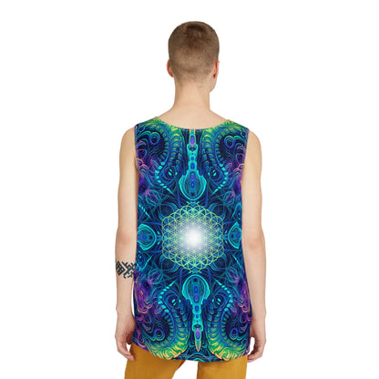 Angled view of the 'Belladonna V2 (Square)' men's tank top, showing the fit and drape of the fabric.
