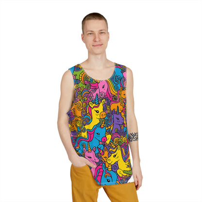 Close-up of the 'Because Unicorns' print detail on a men's tank top, showing color and texture.