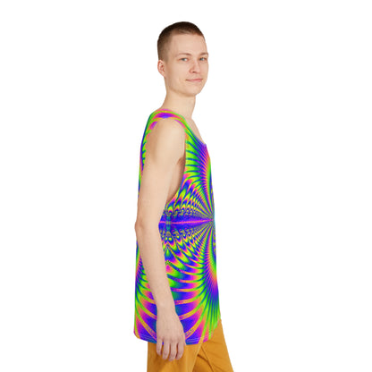 Side view of the 'Blast Off' men's tank top laid flat, showing the seam and armhole trim.