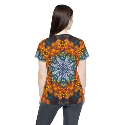 Close-up of the print detail of the Fractal Flower Mandala V2 design on the women's sport tee.