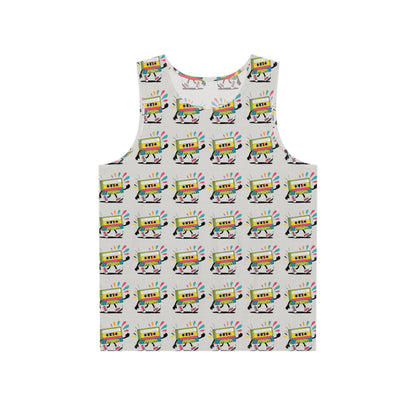Cassette Pattern men's tank top, front flat lay showing the retro cassette repeat print.