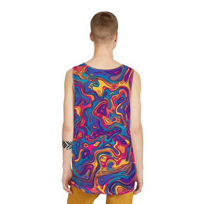 Side angle view of a model wearing the Liquid Psy men's tank top.