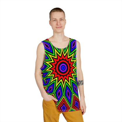 The Step Right Up men's tank top shown at an angle to display the fit.