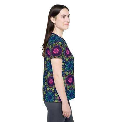 'Gatekeepers Pattern' sport tee for women, viewed from above laid flat.