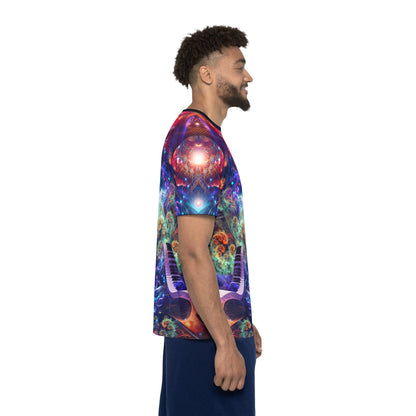 Flat lay of the Magnus Opum sport tee showing the full all-over print layout.