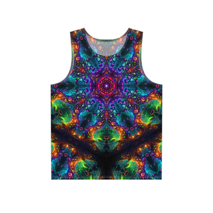 Front view of the Fungus Amongus Mandala print on a men's tank top in black.