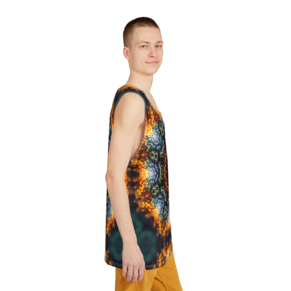 Folded Fractal Flower Mandala men's tank top showing the soft polyester-spandex fabric.