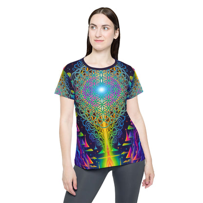 Close-up of the Maze of Life Flip print on the women's sport tee fabric.