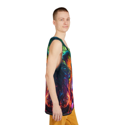 Men's tank top with the 'Mush Dark So Color' print shown from above.