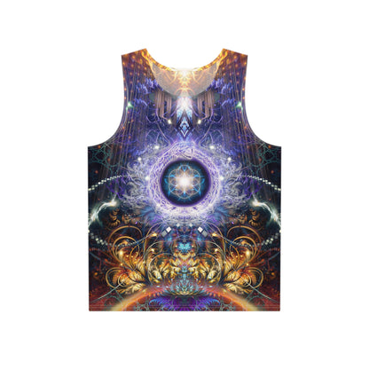 Front view of the Immortal Truth men's tank top with visionary art design.