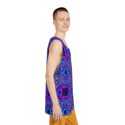 Corner detail shot of the Aztecia Core print on the tank top.