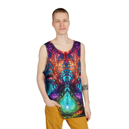 Flat lay of the men's tank top featuring the full 'Moonlight Fruit' graphic design.