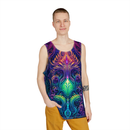 Close-up of the 'Belladonna' print detail on a men's tank top, showing color and texture.