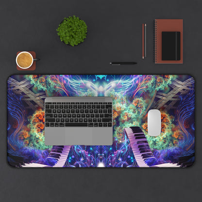 Magnus Opum desk mat laid flat on a wood desk surface