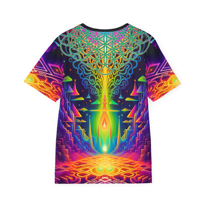 Back view of the Maze of Life sport tee with the print continuing across the fabric.