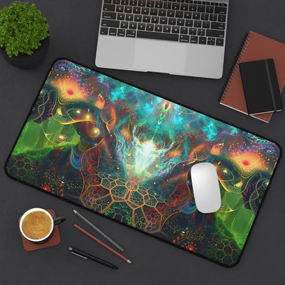 The To Tree or Not to Tree Bottom Section desk mat on a desk with a monitor in view.
